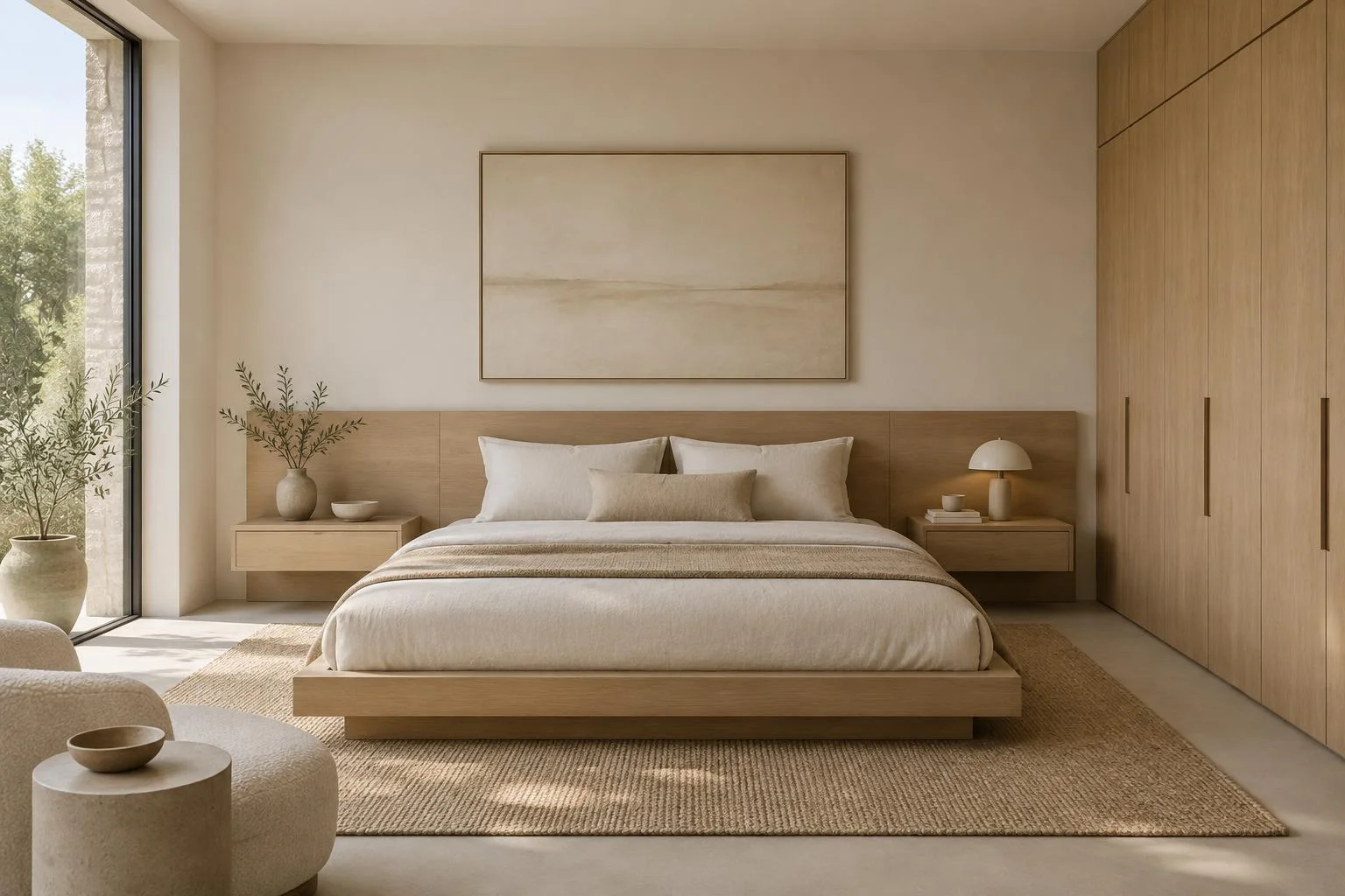 Minimal oak bedroom furniture and matching built-in storage