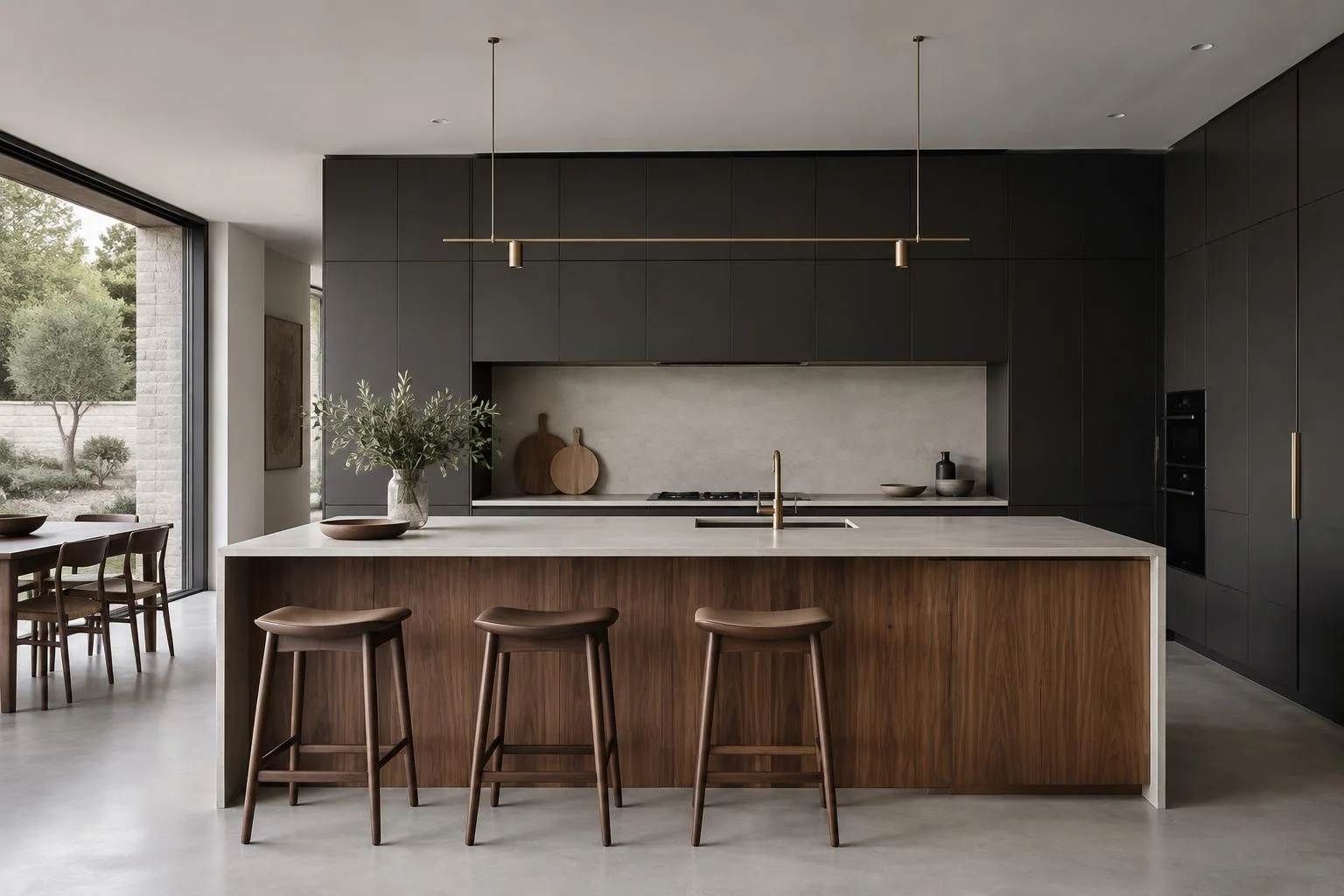 Charcoal custom kitchen cabinetry with walnut island and white stone countertop