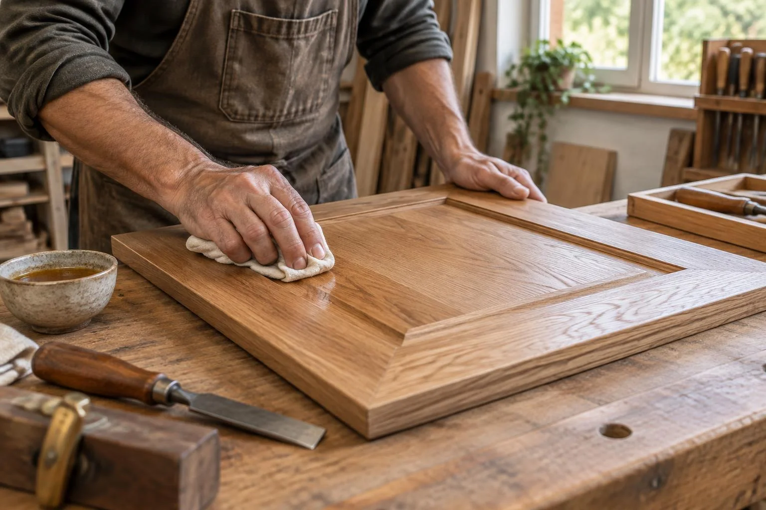 Hands finishing the natural wood grain of an oak cabinet door