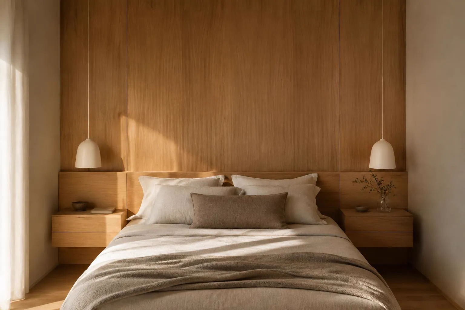 Oak headboard wall with floating bedside drawers and linen bedding