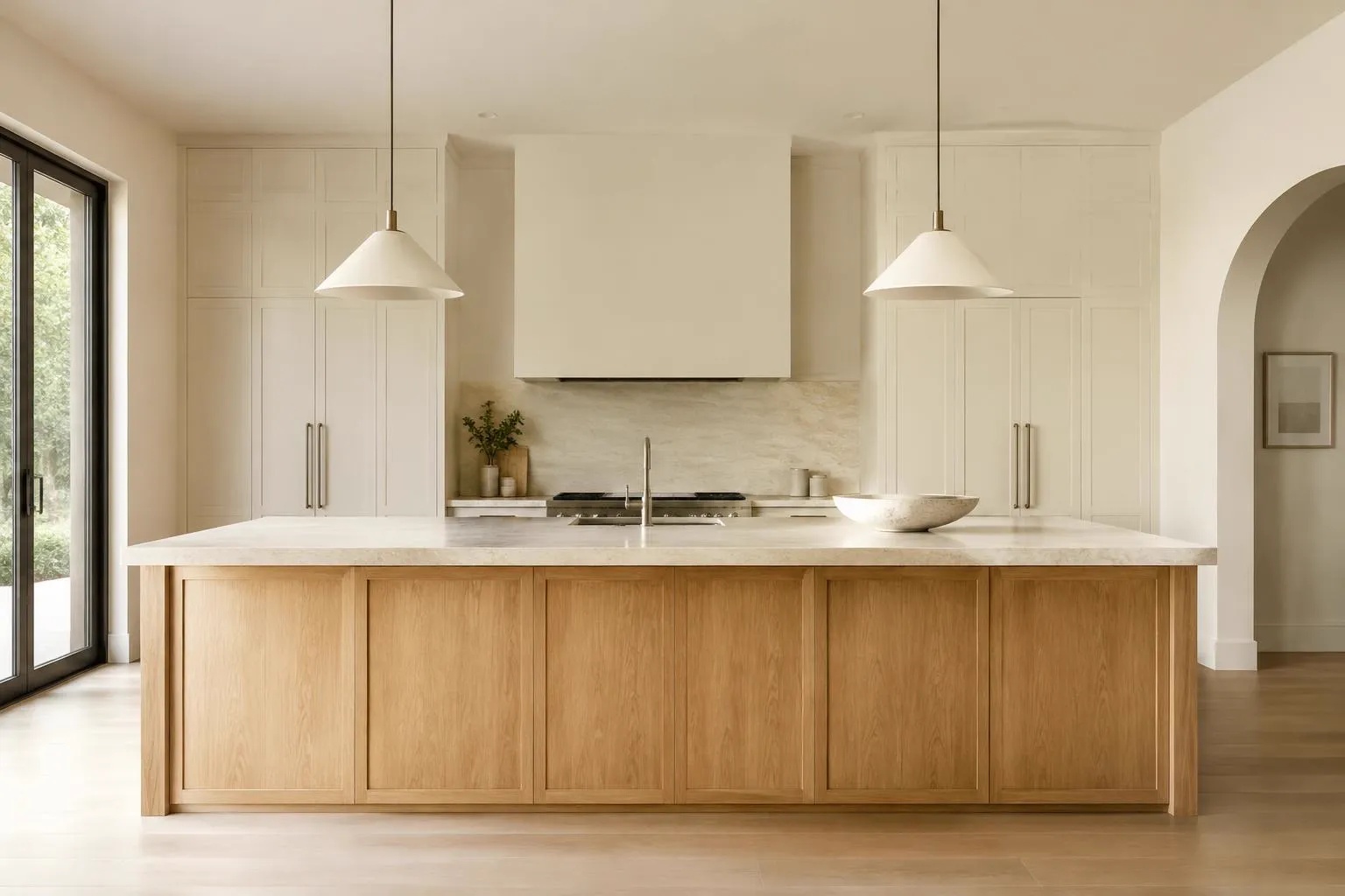 Natural oak kitchen island with limestone top and ivory tall cabinets