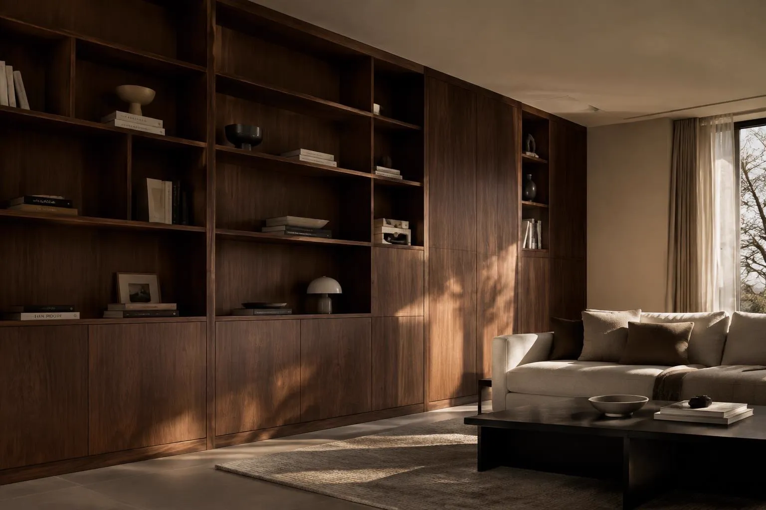 Full wall of walnut built-in shelving beside a linen sofa