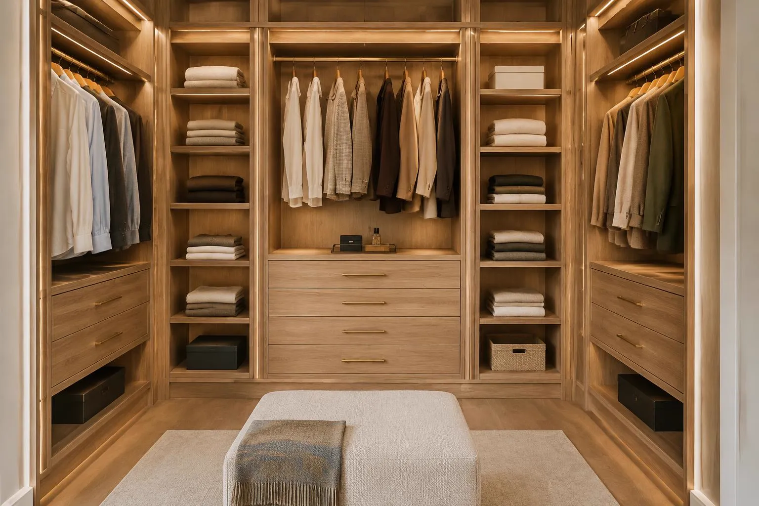Oak walk-in wardrobe with hanging rails, shelves and integrated lighting