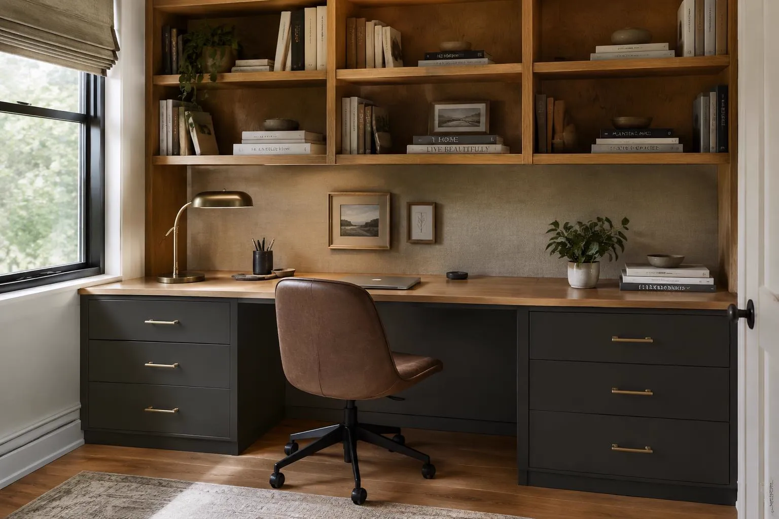 Built-in oak desk with charcoal drawers and open oak shelving