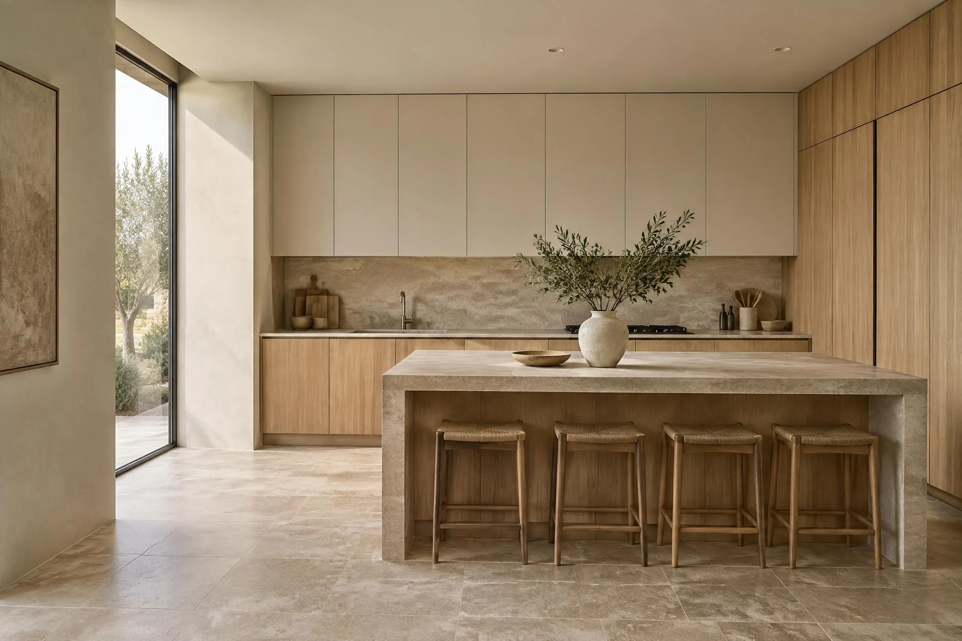 Natural oak custom kitchen with limestone island and handleless ivory cabinets
