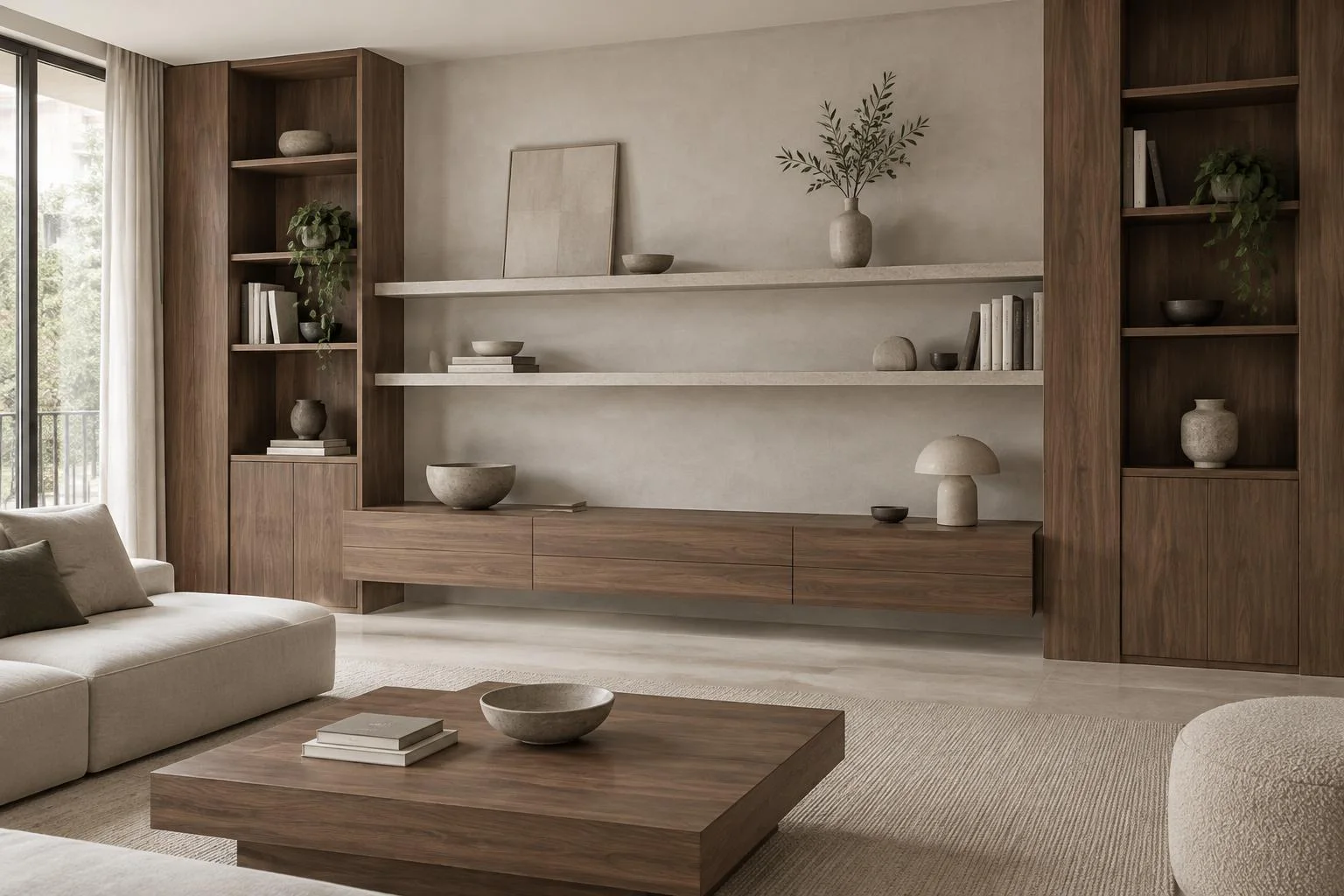 Walnut built-in living room shelves with floating cabinetry and stone shelving