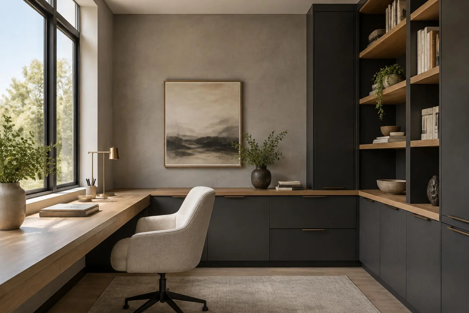 Custom oak and charcoal home office desk with integrated shelving