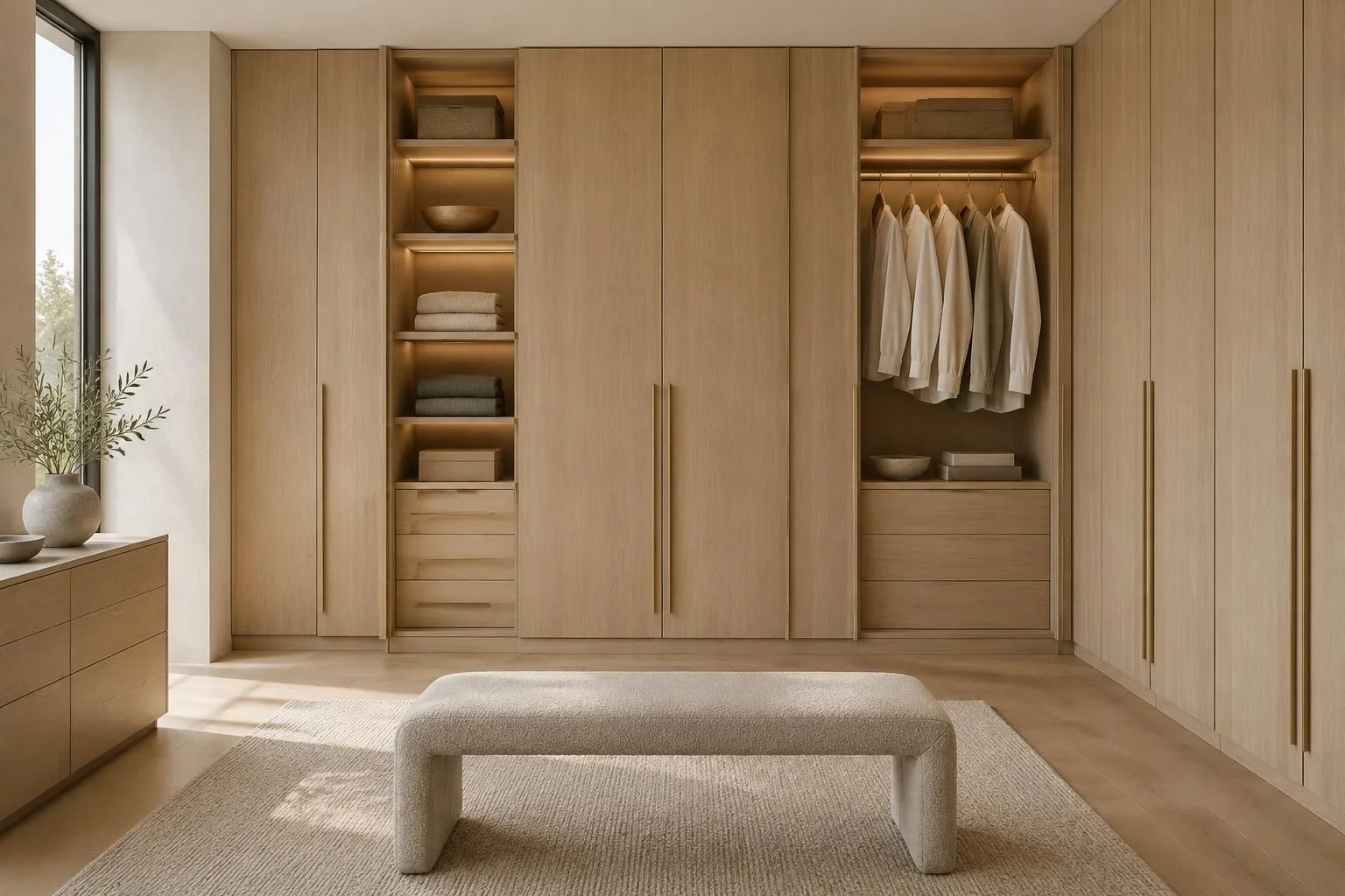 Floor-to-ceiling oak wardrobe with integrated shelves and brass handles